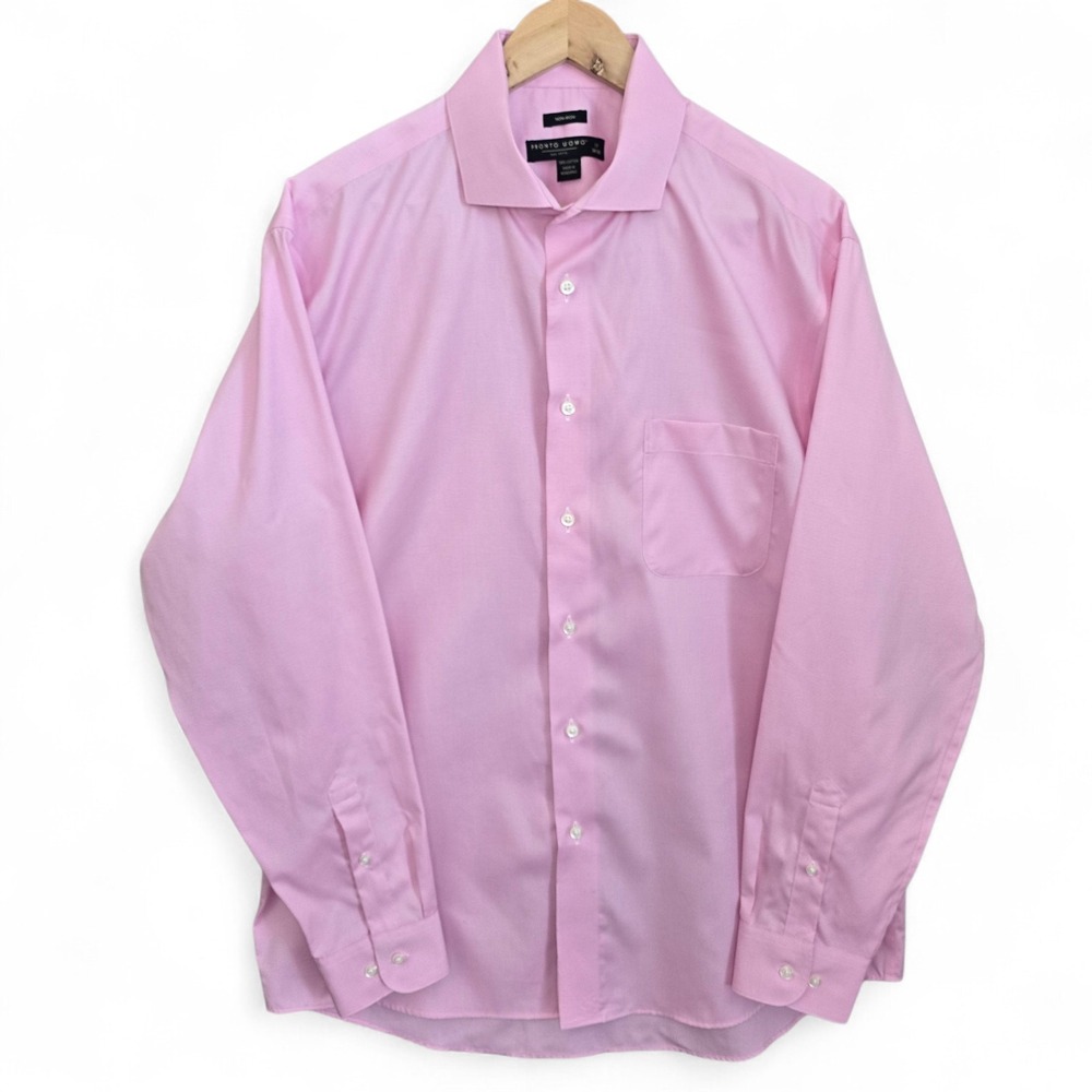 Pronto Uomo Dress Shirt Mens 17 34/35 Pink Button Up Non Iron Long Sleeve Cotton